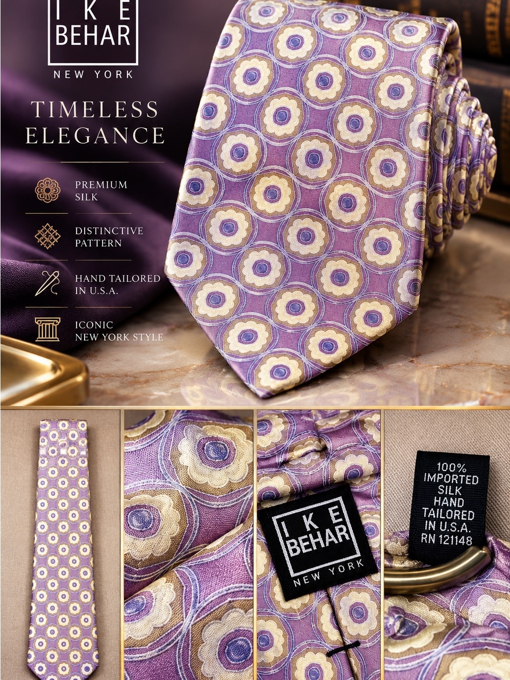Ike Behar New York 100% Silk Tie Lavender Purple Cream
